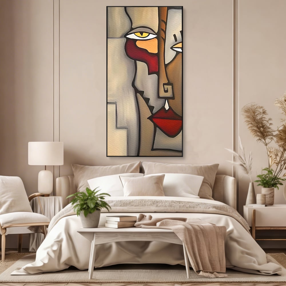 Tablou canvas cu tablou canvas cu portret cubist, in rama de aluminiu negru, pe perete intr-un dormitor