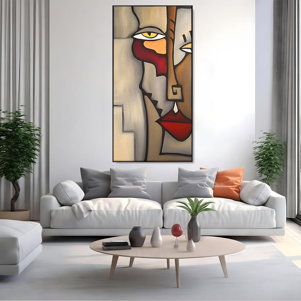 Tablou canvas cu tablou canvas cu portret cubist, in rama de aluminiu negru, pe perete intr-un living