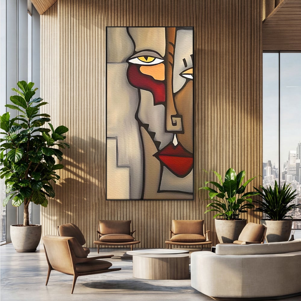 Tablou canvas cu tablou canvas cu portret cubist, in rama de aluminiu negru, pe perete intr-un birou