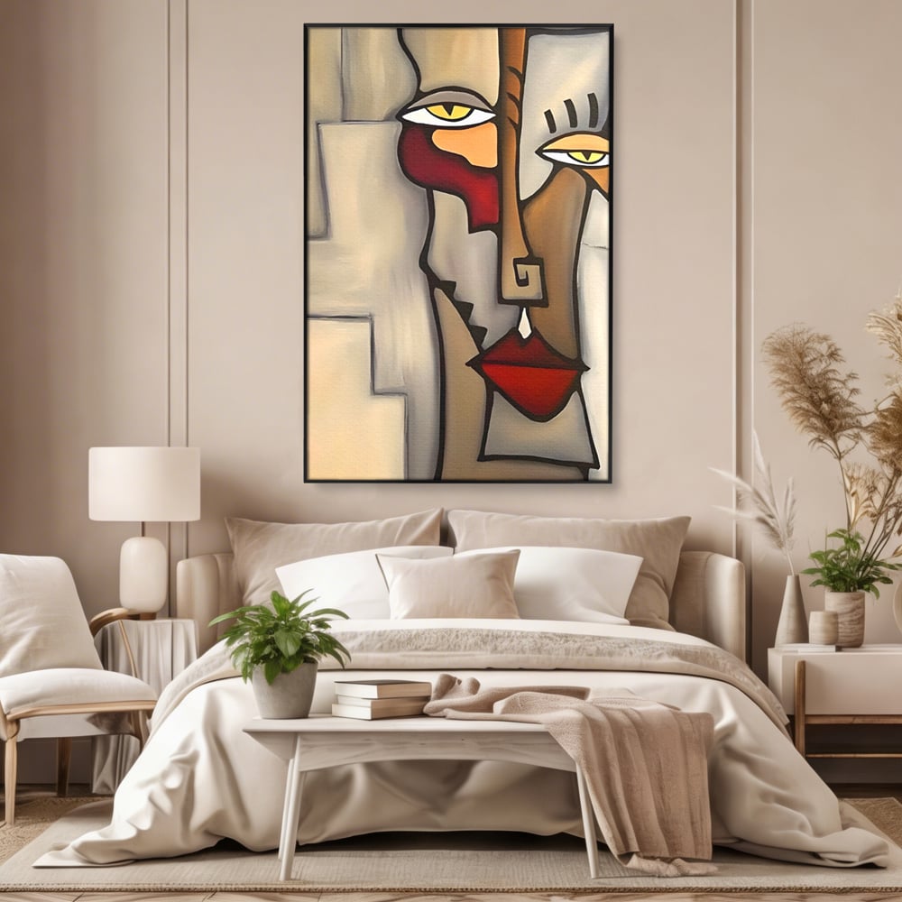Tablou canvas cu tablou canvas cu portret cubist, in rama de aluminiu negru, pe perete intr-un dormitor