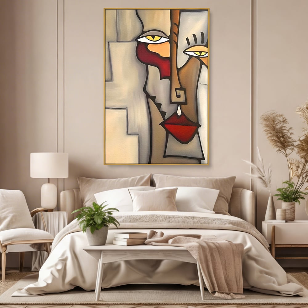 Tablou canvas cu tablou canvas cu portret cubist, in rama de aluminiu auriu, pe perete intr-un dormitor