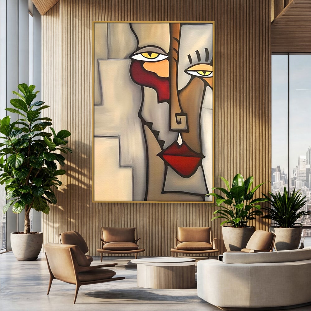 Tablou canvas cu tablou canvas cu portret cubist, in rama de aluminiu auriu, pe perete intr-un birou