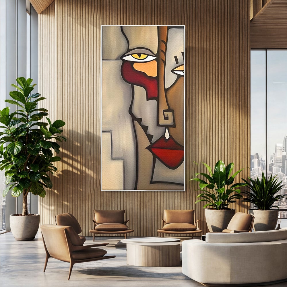 Tablou canvas cu tablou canvas cu portret cubist, in rama de aluminiu argintiu, pe perete intr-un birou