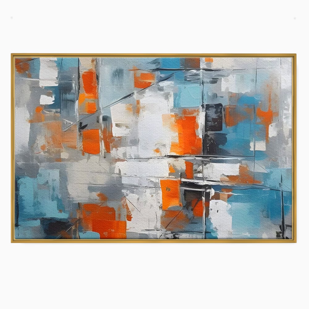 Tablou canvas cu pictura abstracta cu blocuri portocalii si albastre, in rama de aluminiu auriu