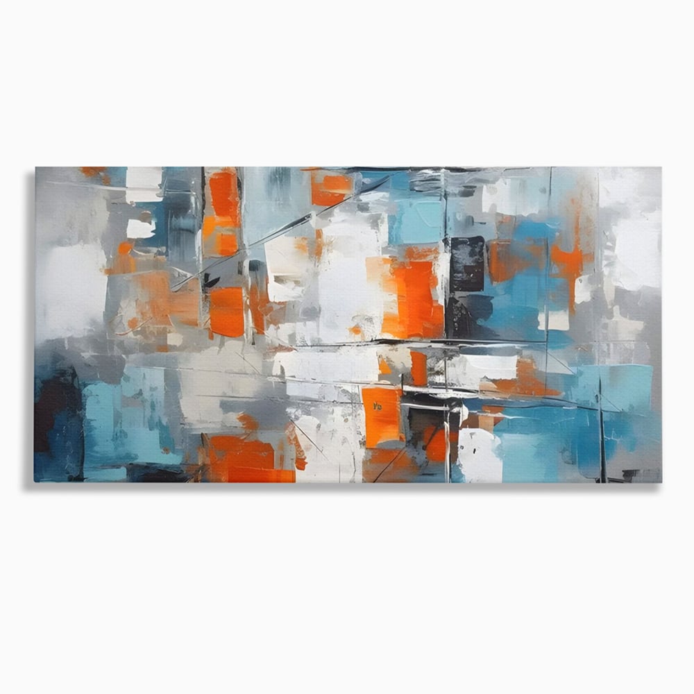 Tablou canvas cu pictura abstracta cu blocuri portocalii si albastre, fara rama, pe sasiu de lemn