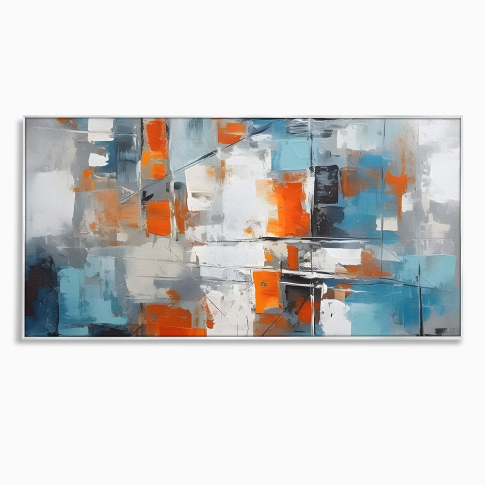 Tablou canvas cu pictura abstracta cu blocuri portocalii si albastre, in rama de aluminiu argintiu