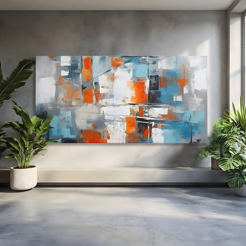 Tablou canvas cu pictura abstracta cu blocuri portocalii si albastre, fara rama, pe sasiu de lemn