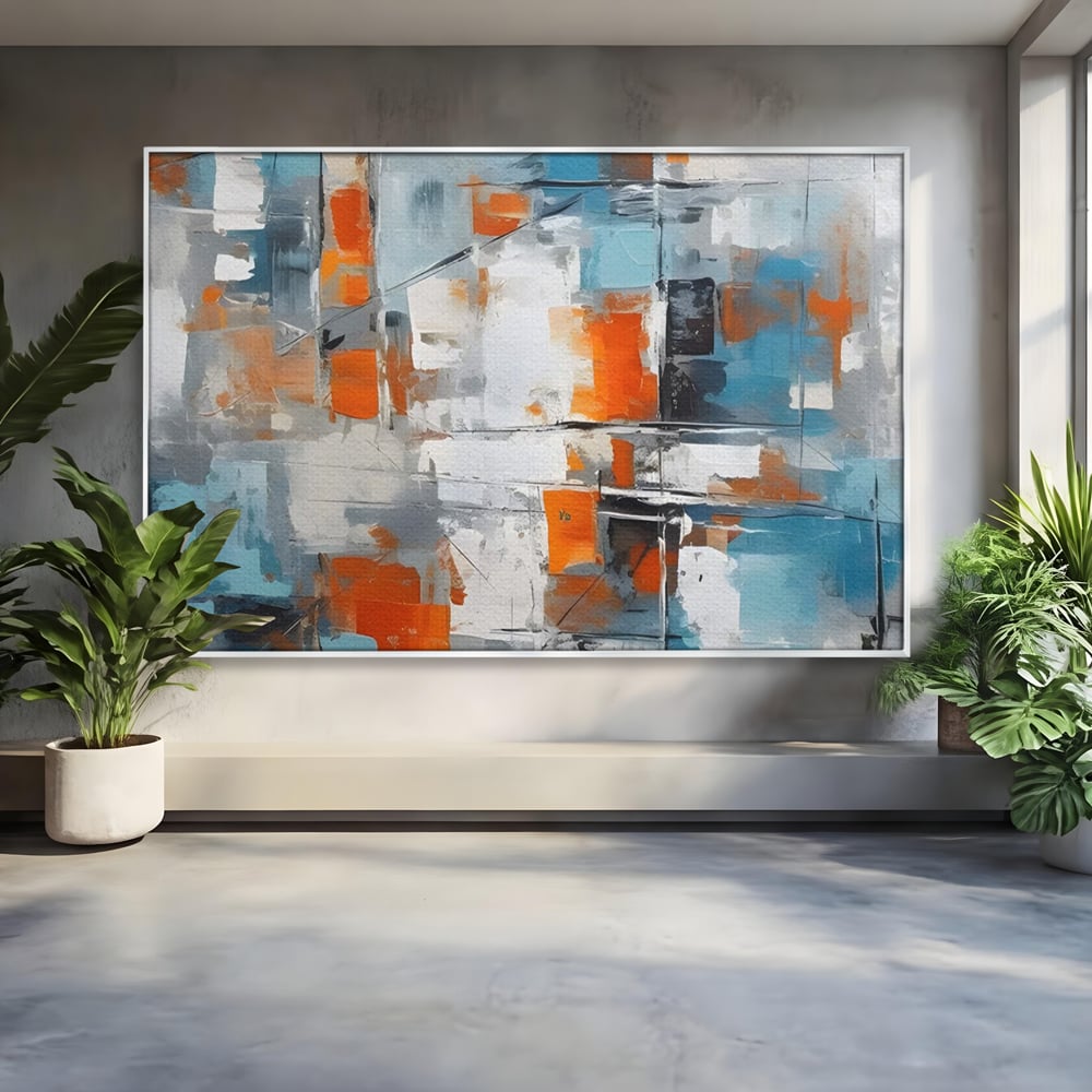 Tablou canvas cu pictura abstracta cu blocuri portocalii si albastre, in rama de aluminiu argintiu