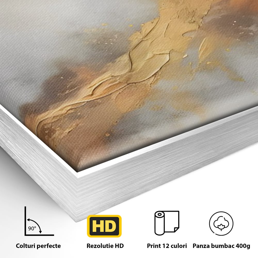 Detaliu al suprafetei: pictura abstracta cu tusa aurie si tonuri gri, in rama de aluminiu argintiu