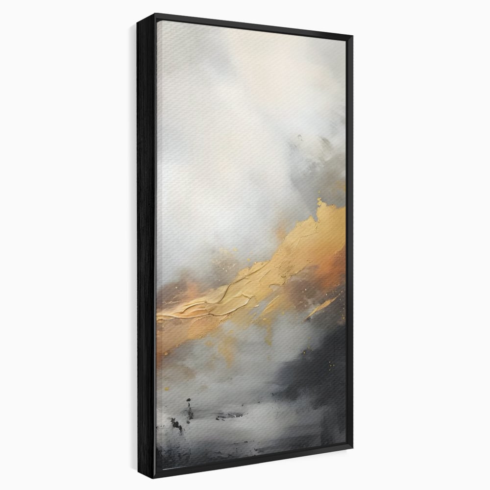 Tablou canvas cu pictura abstracta cu tusa aurie si tonuri gri, in rama de aluminiu negru
