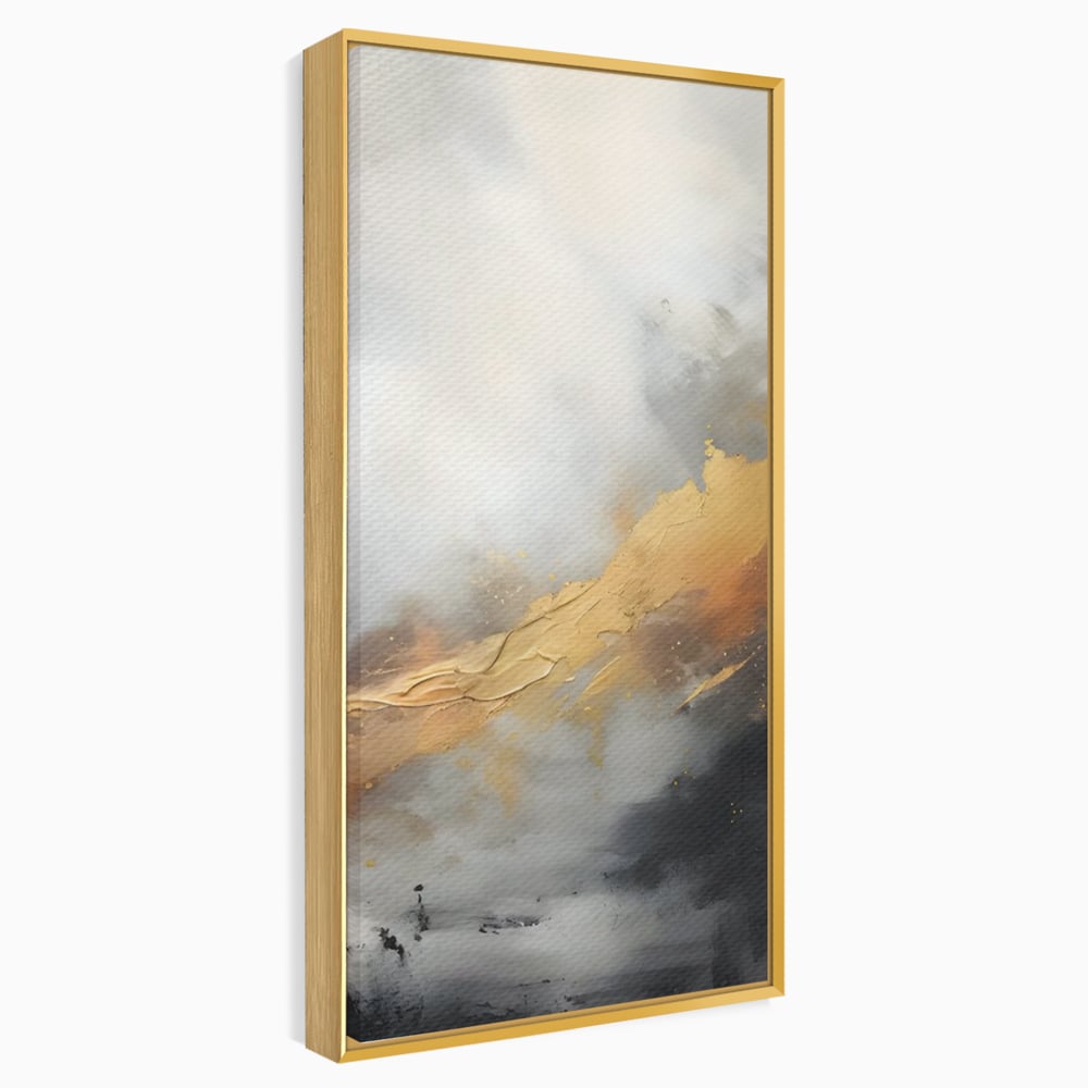 Tablou canvas cu pictura abstracta cu tusa aurie si tonuri gri, in rama de aluminiu auriu
