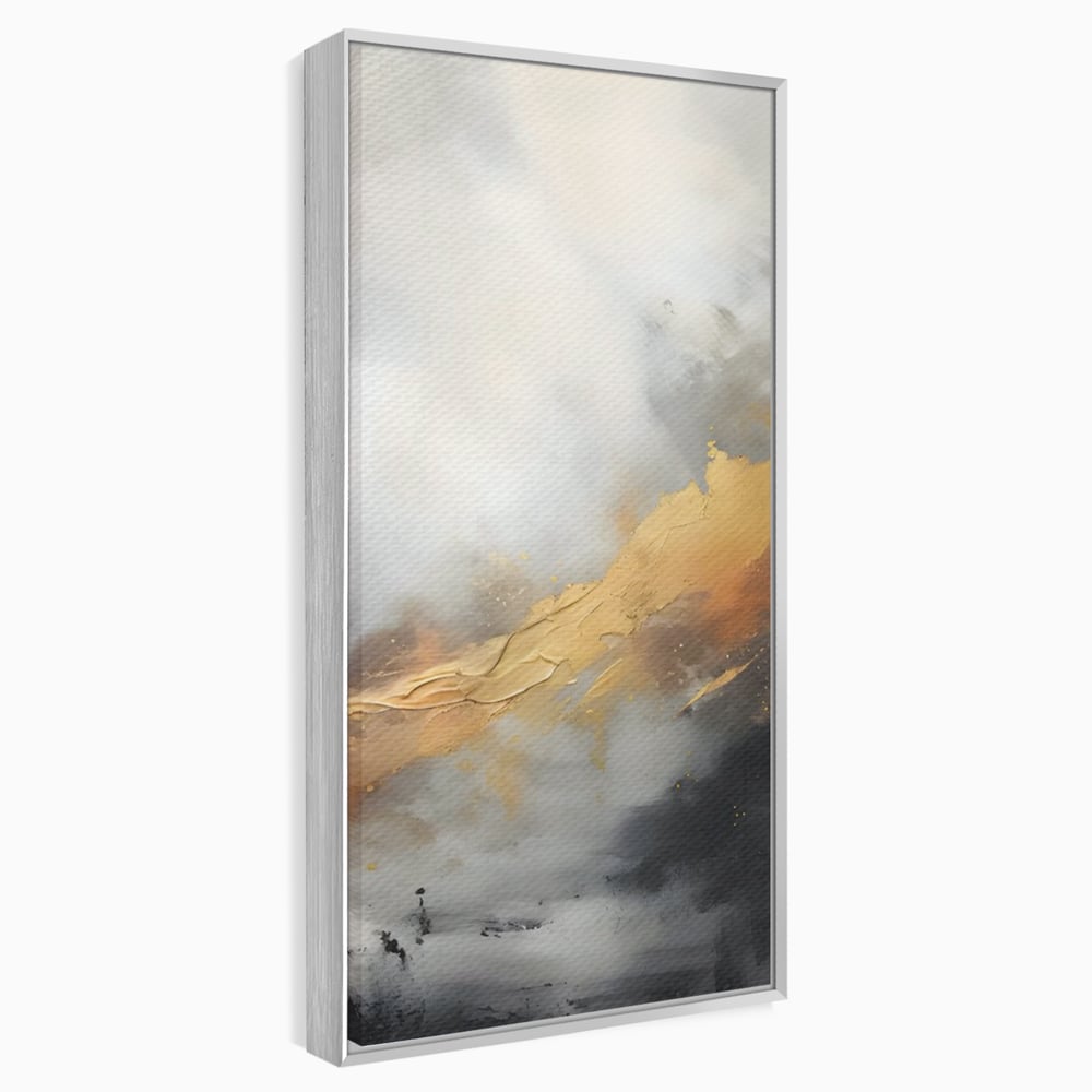 Tablou canvas cu pictura abstracta cu tusa aurie si tonuri gri, in rama de aluminiu argintiu