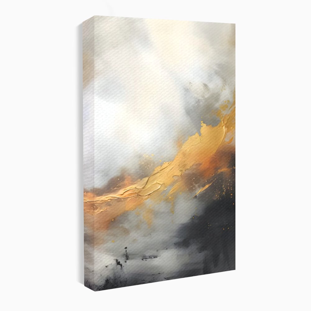 Tablou canvas cu pictura abstracta cu tusa aurie si tonuri gri, fara rama, pe sasiu de lemn