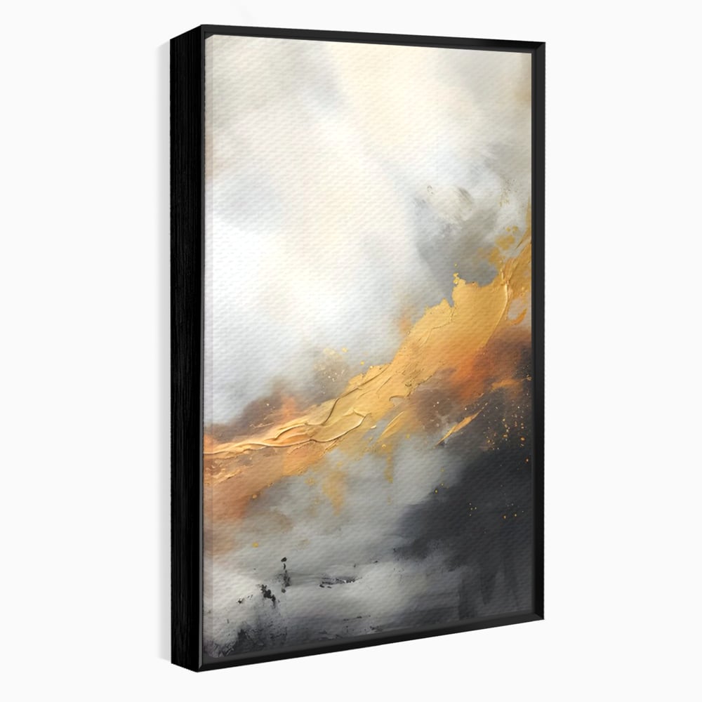 Tablou canvas cu pictura abstracta cu tusa aurie si tonuri gri, in rama de aluminiu negru
