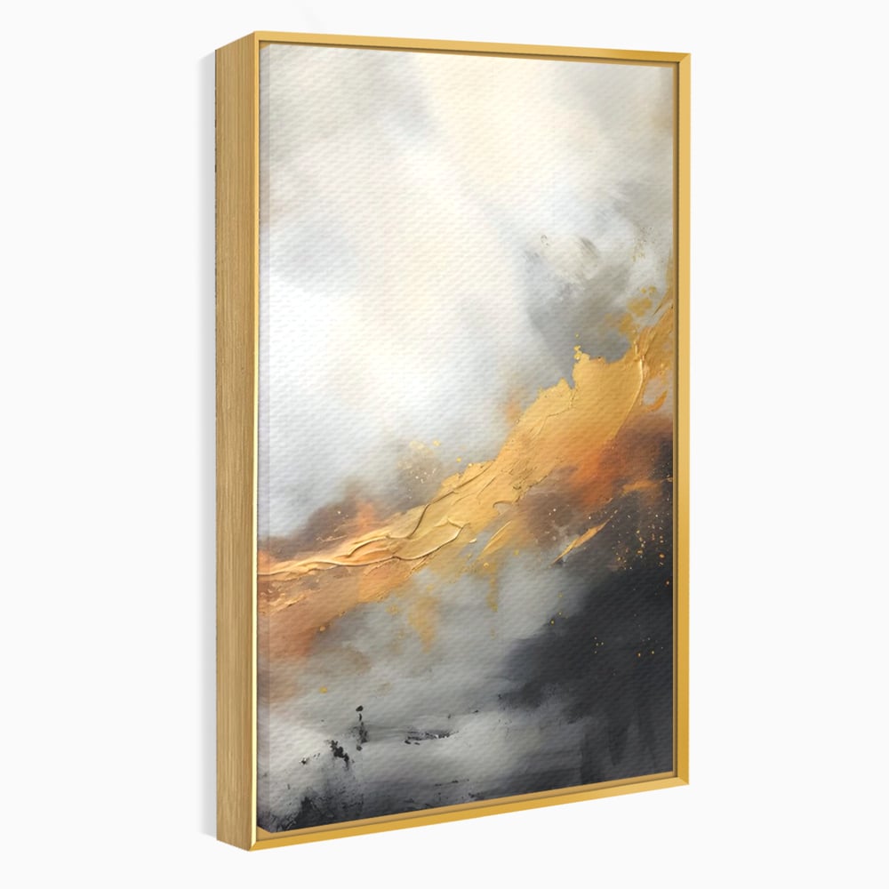 Tablou canvas cu pictura abstracta cu tusa aurie si tonuri gri, in rama de aluminiu auriu