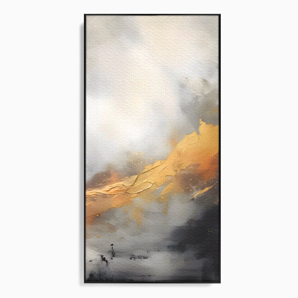 Tablou canvas cu pictura abstracta cu tusa aurie si tonuri gri, in rama de aluminiu negru