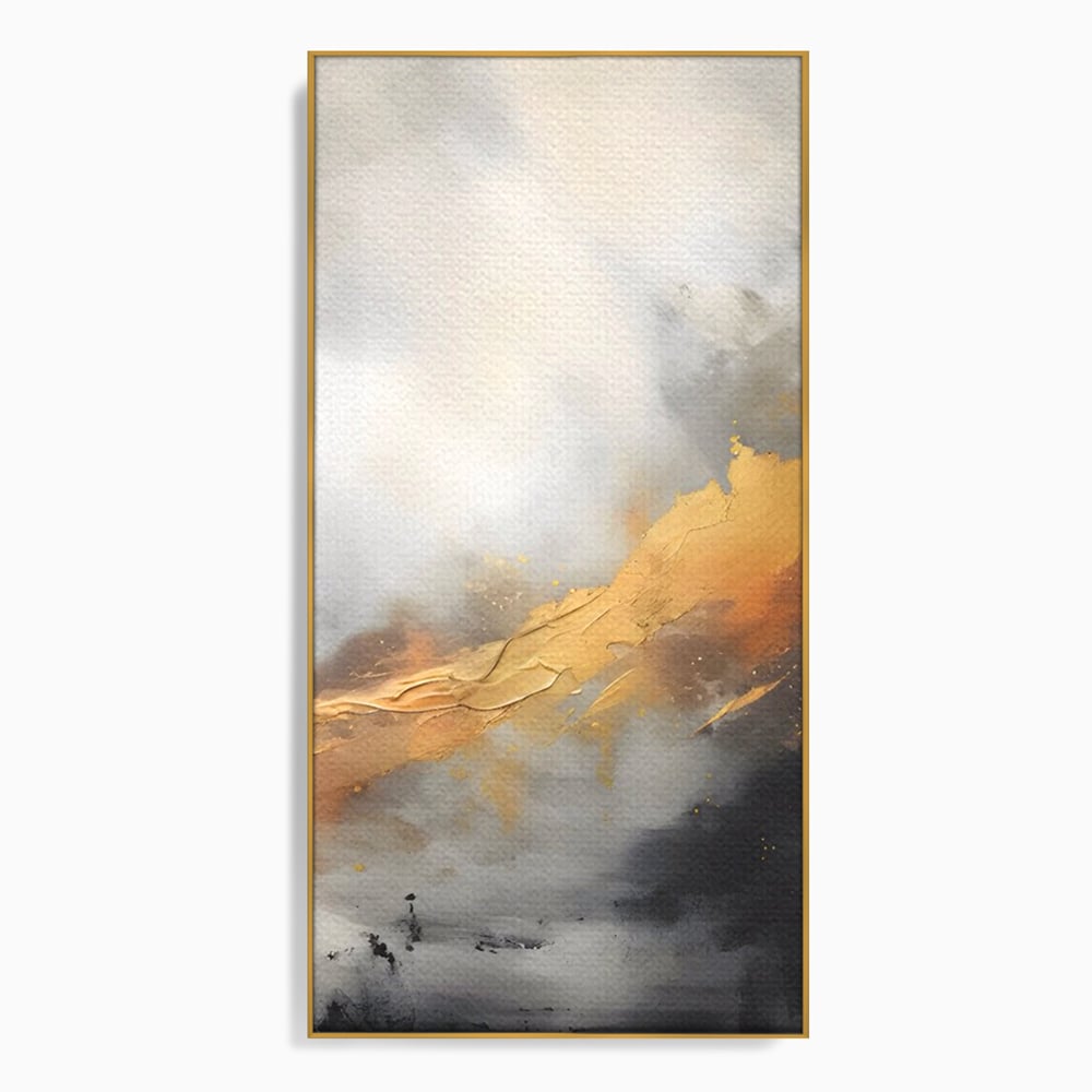 Tablou canvas cu pictura abstracta cu tusa aurie si tonuri gri, in rama de aluminiu auriu