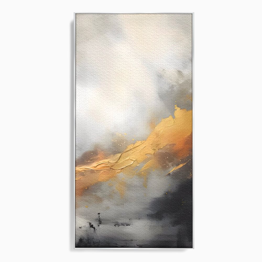 Tablou canvas cu pictura abstracta cu tusa aurie si tonuri gri, in rama de aluminiu argintiu