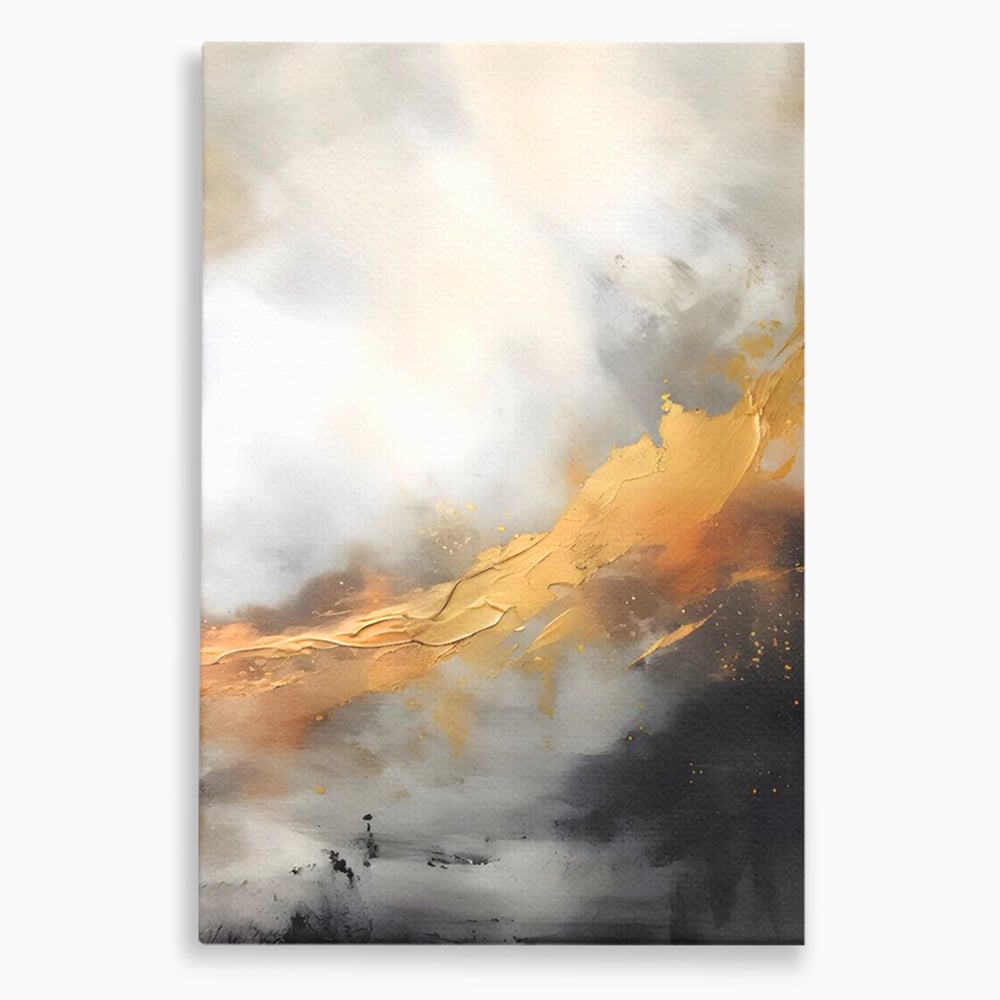 Tablou canvas cu pictura abstracta cu tusa aurie si tonuri gri, fara rama, pe sasiu de lemn