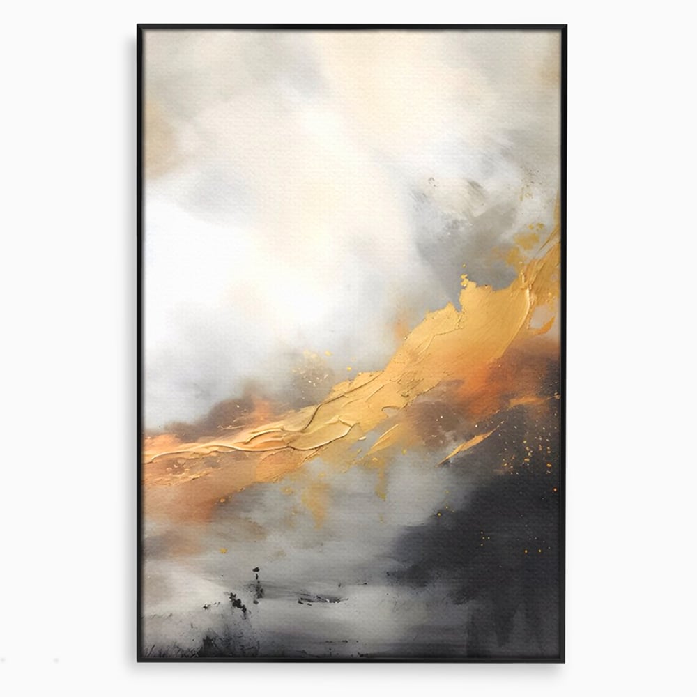 Tablou canvas cu pictura abstracta cu tusa aurie si tonuri gri, in rama de aluminiu negru