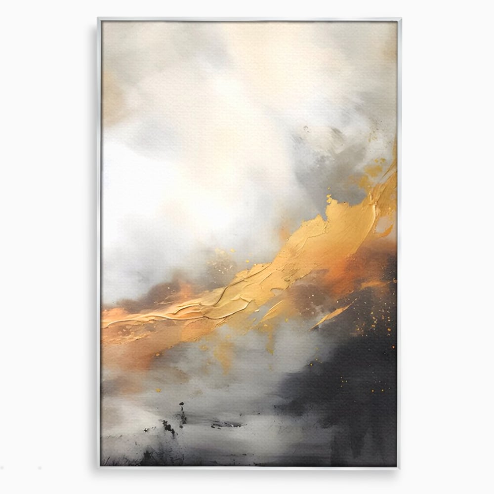 Tablou canvas cu pictura abstracta cu tusa aurie si tonuri gri, in rama de aluminiu argintiu