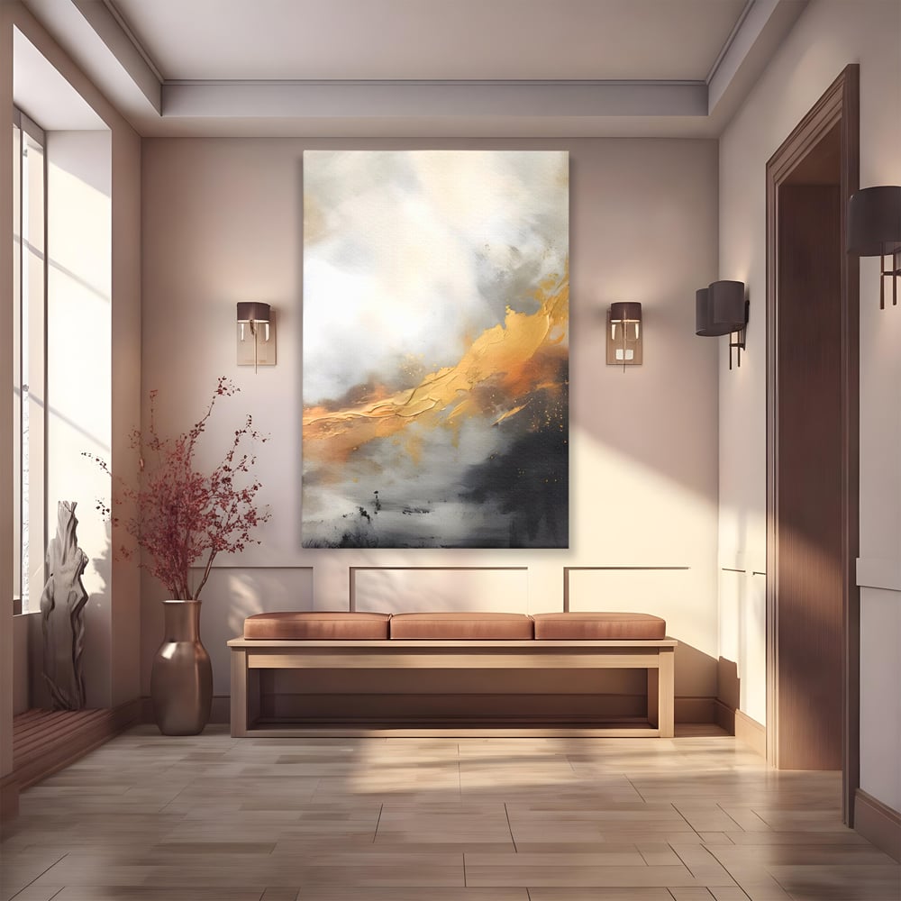 Tablou canvas cu pictura abstracta cu tusa aurie si tonuri gri, fara rama, pe sasiu de lemn