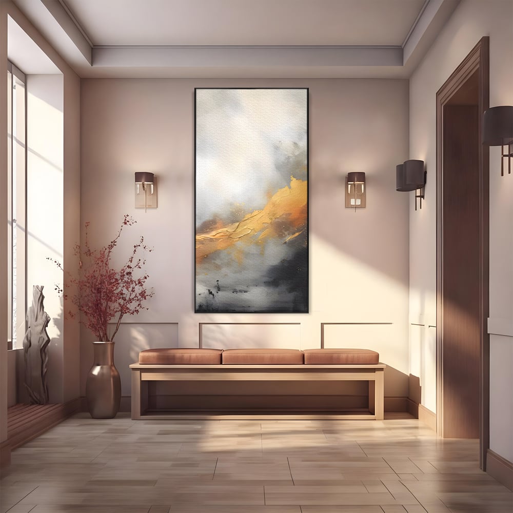 Tablou canvas cu pictura abstracta cu tusa aurie si tonuri gri, in rama de aluminiu negru