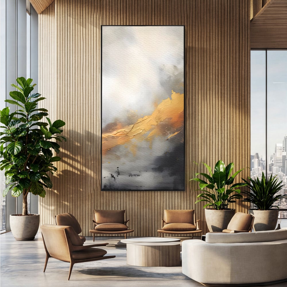 Tablou canvas cu pictura abstracta cu tusa aurie si tonuri gri, in rama de aluminiu negru, pe perete intr-un birou