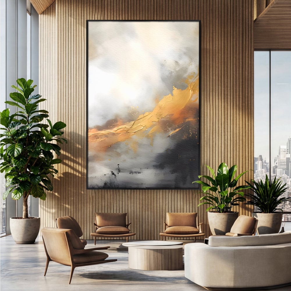 Tablou canvas cu pictura abstracta cu tusa aurie si tonuri gri, in rama de aluminiu negru, pe perete intr-un birou