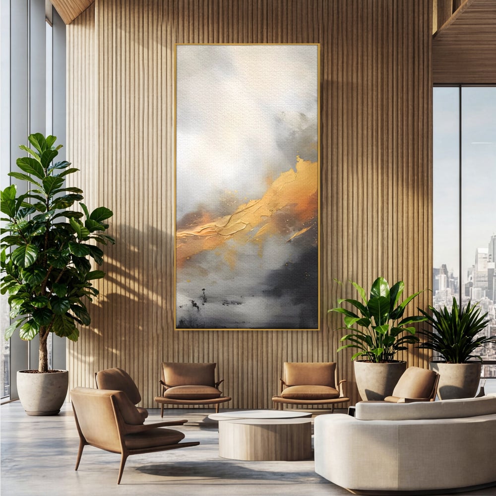 Tablou canvas cu pictura abstracta cu tusa aurie si tonuri gri, in rama de aluminiu auriu, pe perete intr-un birou