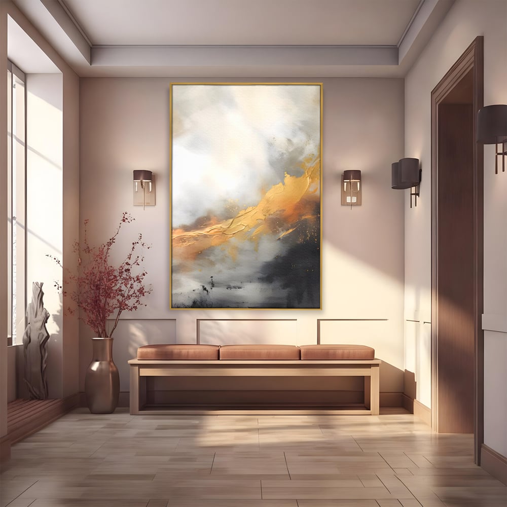 Tablou canvas cu pictura abstracta cu tusa aurie si tonuri gri, in rama de aluminiu auriu