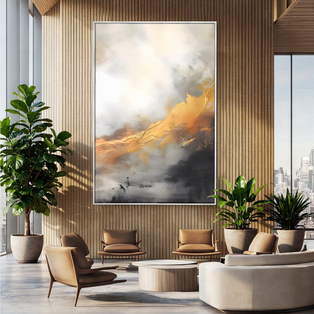 Tablou canvas cu pictura abstracta cu tusa aurie si tonuri gri, in rama de aluminiu argintiu, pe perete intr-un birou