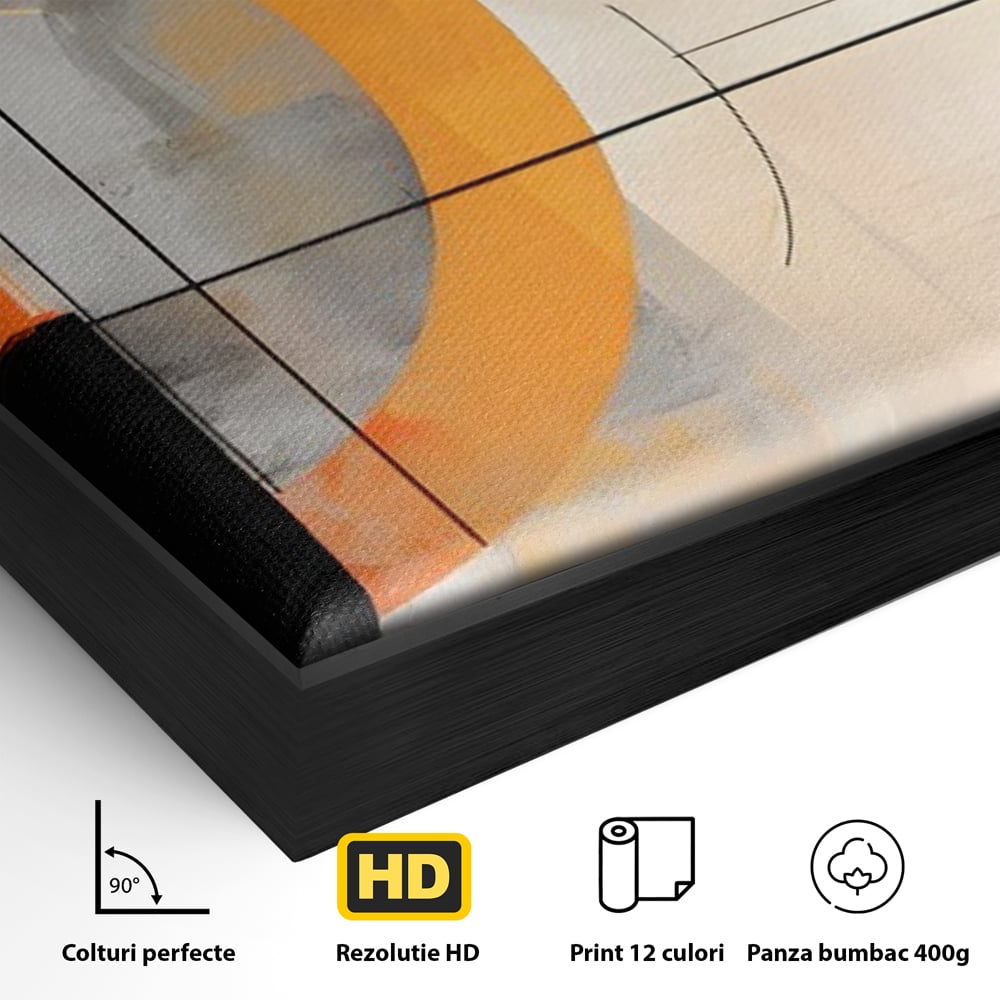 Detaliu al suprafetei: pictura abstracta cu cerc galben, in rama de aluminiu negru