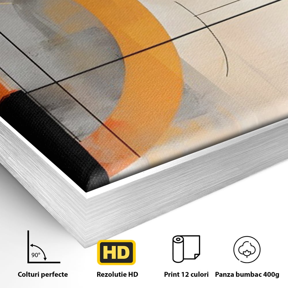 Detaliu al suprafetei: pictura abstracta cu cerc galben, in rama de aluminiu argintiu