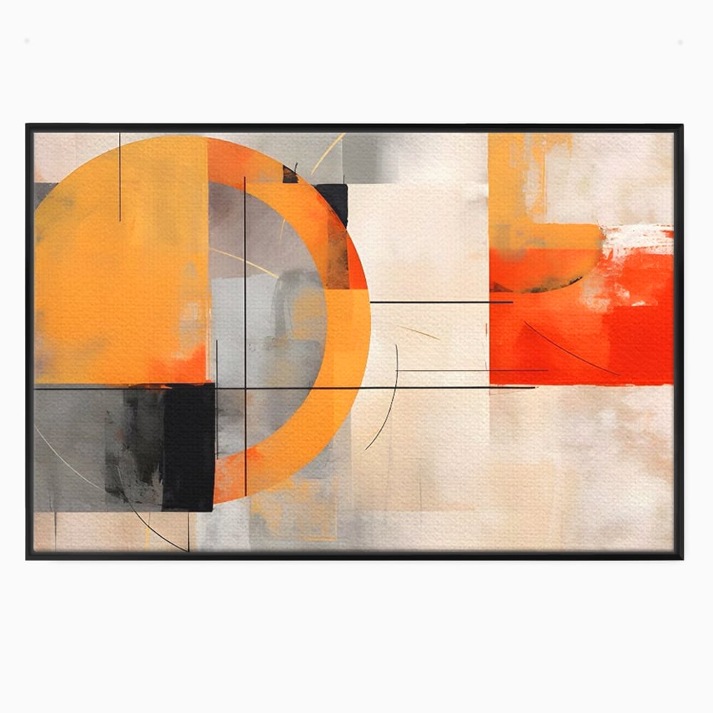 Tablou canvas cu pictura abstracta cu cerc galben, in rama de aluminiu negru