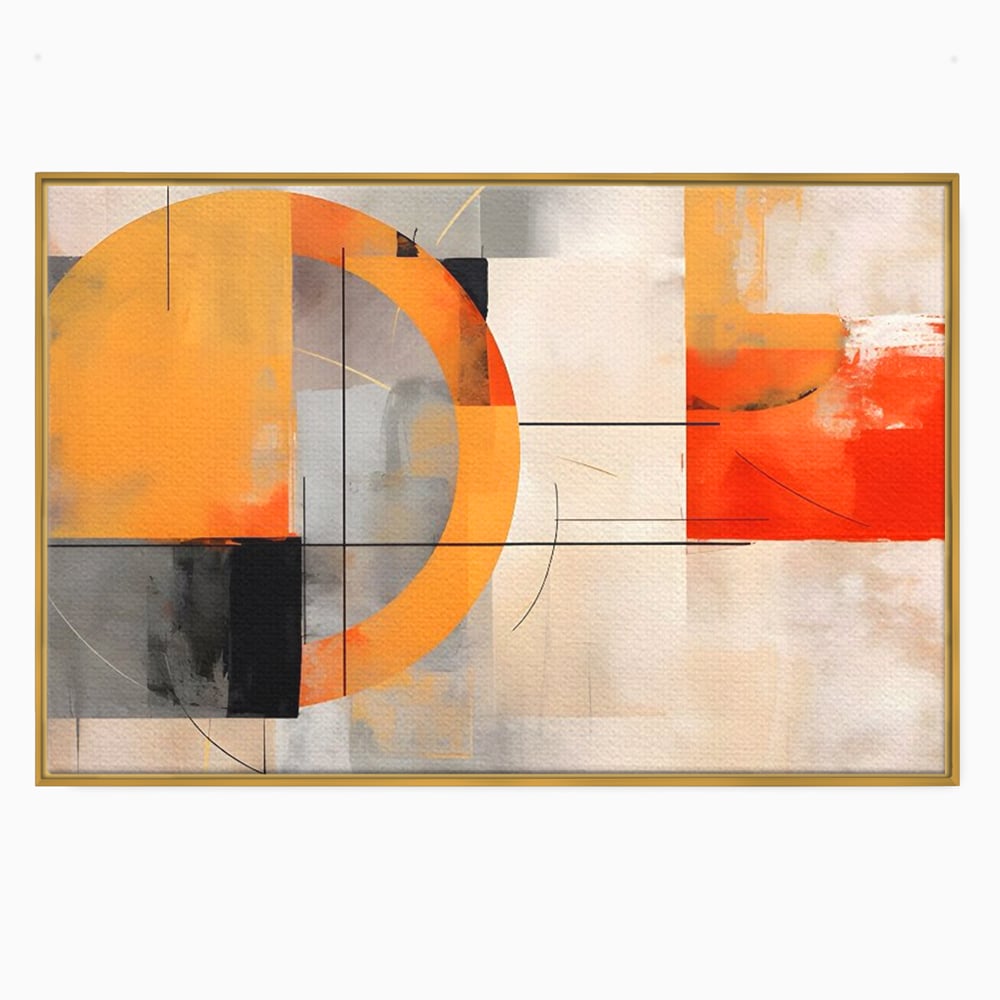 Tablou canvas cu pictura abstracta cu cerc galben, in rama de aluminiu auriu