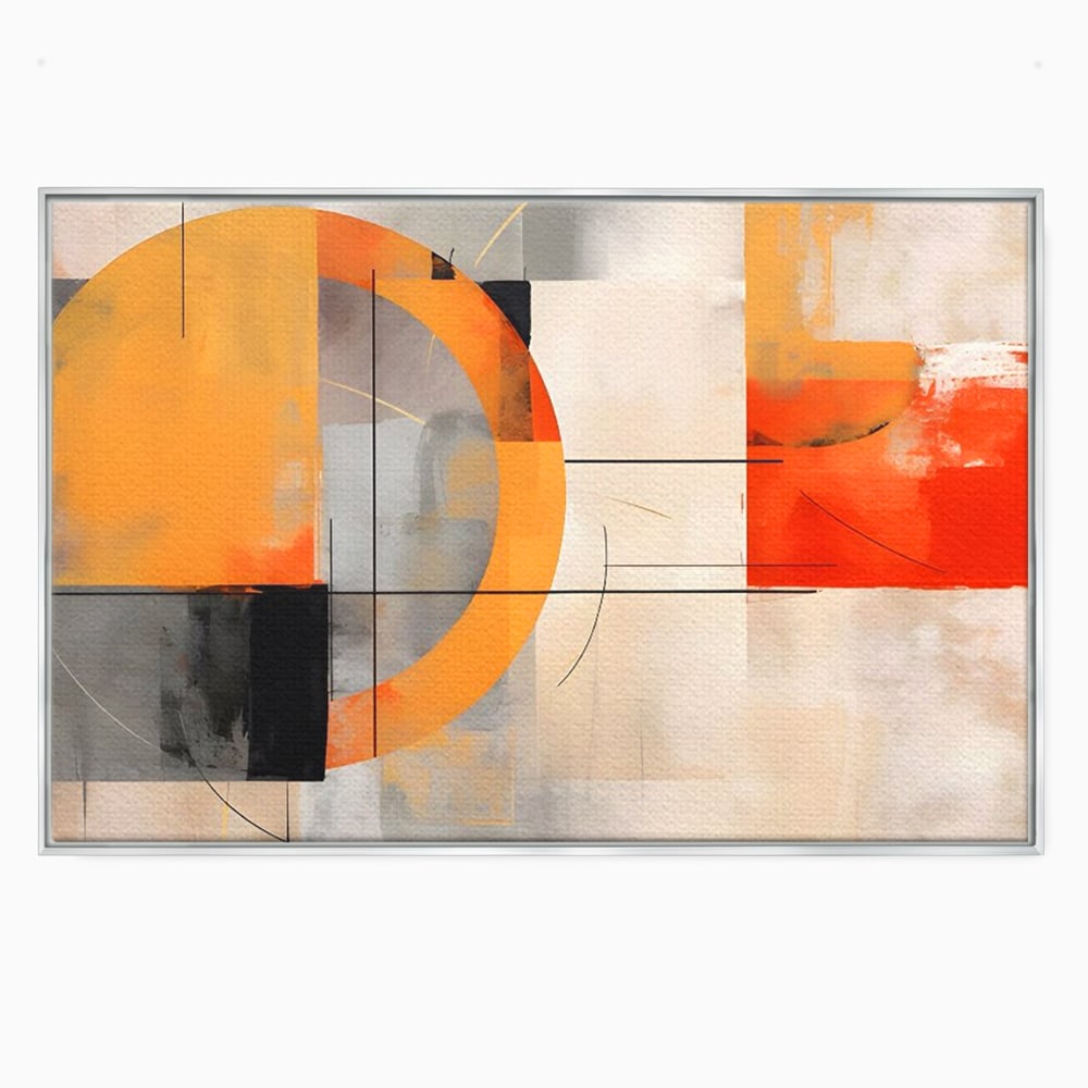 Tablou canvas cu pictura abstracta cu cerc galben, in rama de aluminiu argintiu