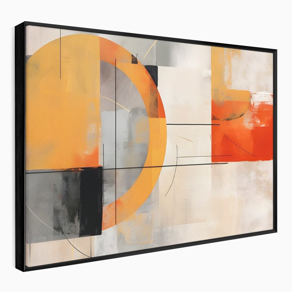 Tablou canvas cu pictura abstracta cu cerc galben, in rama de aluminiu negru