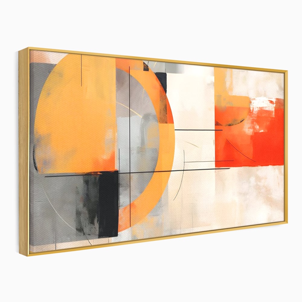 Tablou canvas cu pictura abstracta cu cerc galben, in rama de aluminiu auriu