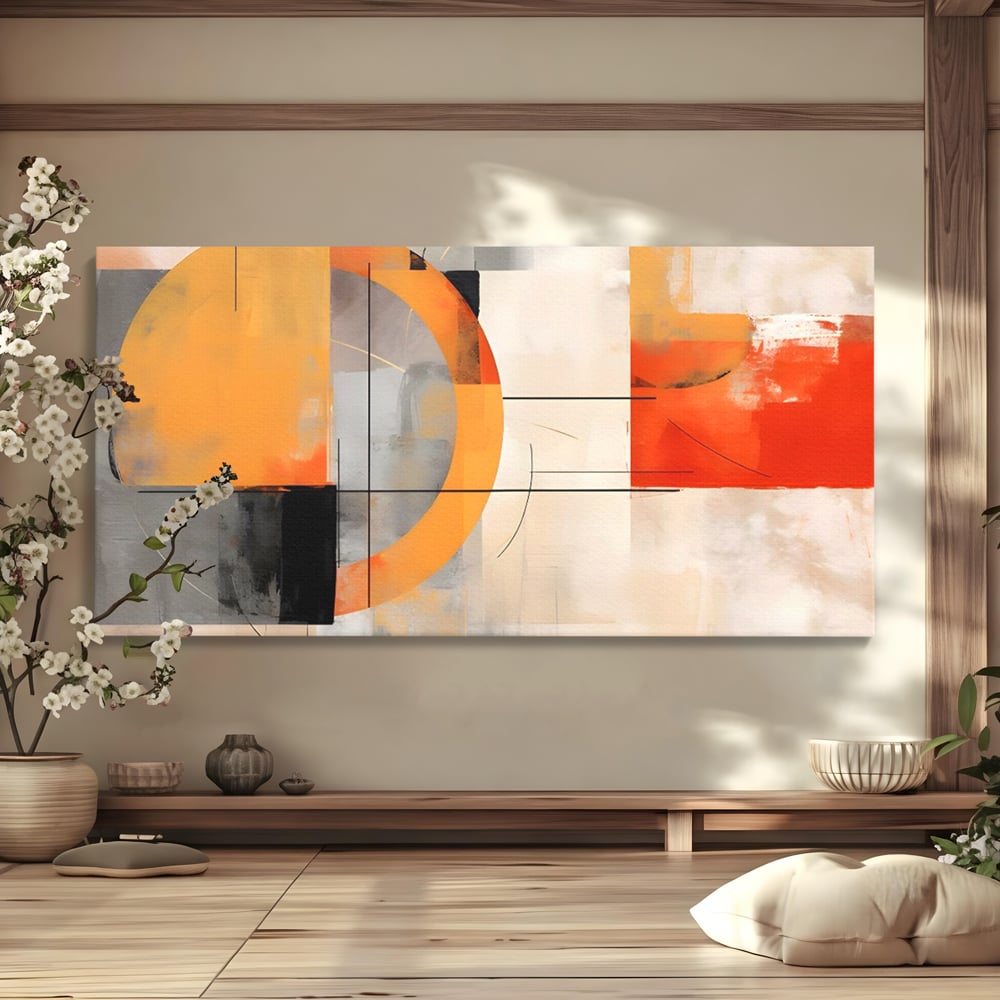 Tablou canvas cu pictura abstracta cu cerc galben, fara rama, pe sasiu de lemn