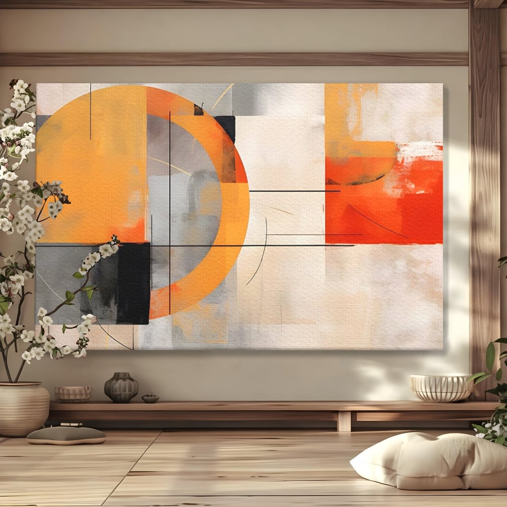 Tablou canvas cu pictura abstracta cu cerc galben, fara rama, pe sasiu de lemn