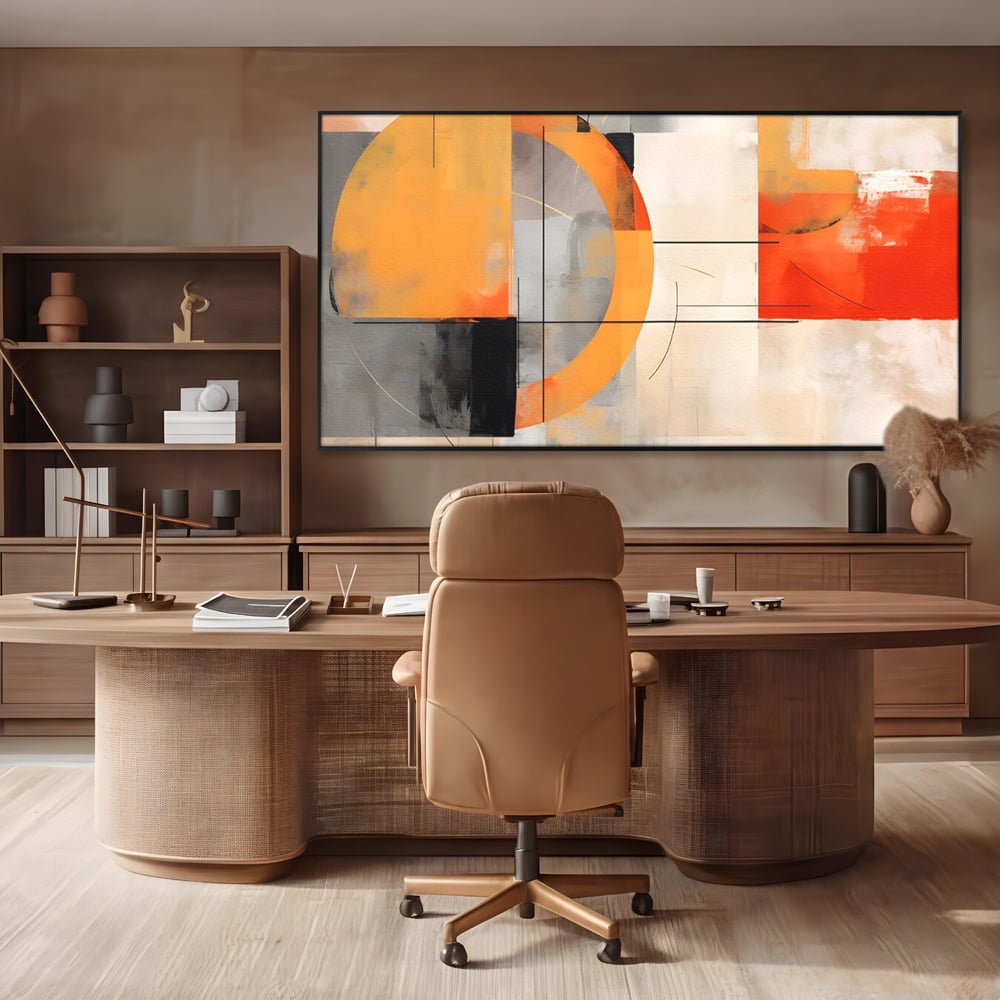 Tablou canvas cu pictura abstracta cu cerc galben, in rama de aluminiu negru, pe perete intr-un birou