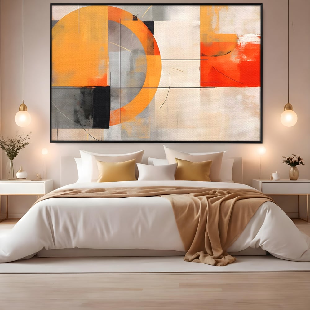 Tablou canvas cu pictura abstracta cu cerc galben, in rama de aluminiu negru, pe perete intr-un dormitor