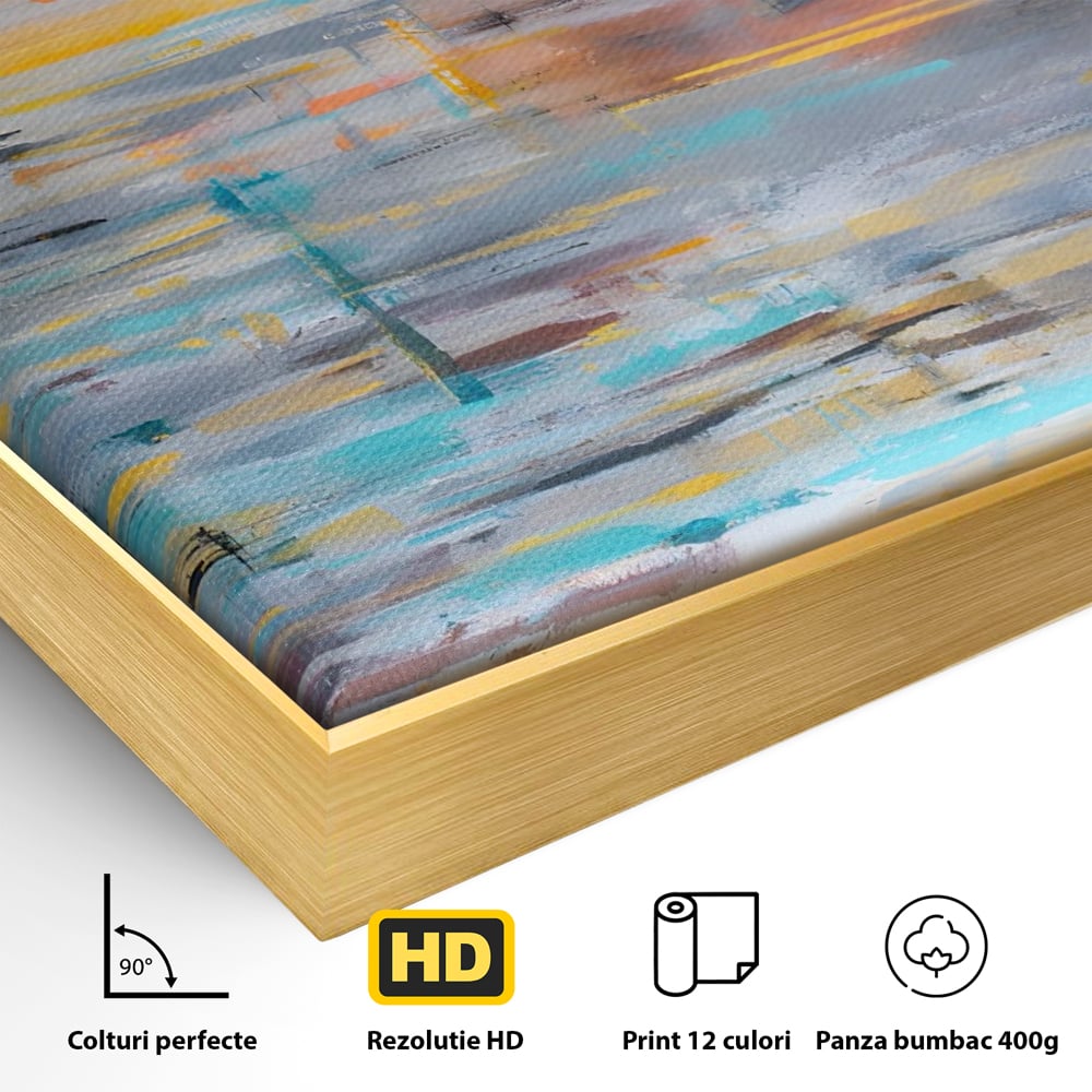 Detaliu al suprafetei: tablou canvas cu reflexii pe apa, in rama de aluminiu auriu
