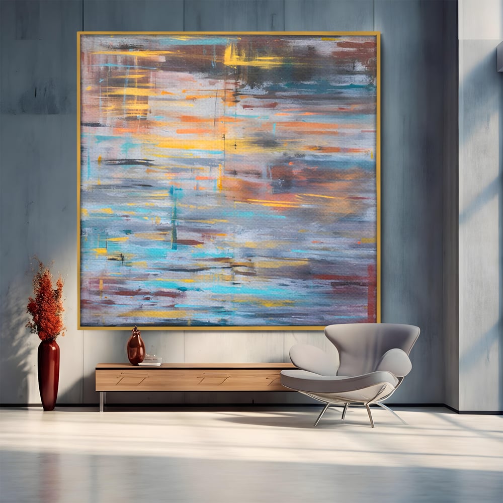 Tablou canvas cu tablou canvas cu reflexii pe apa, in rama de aluminiu auriu