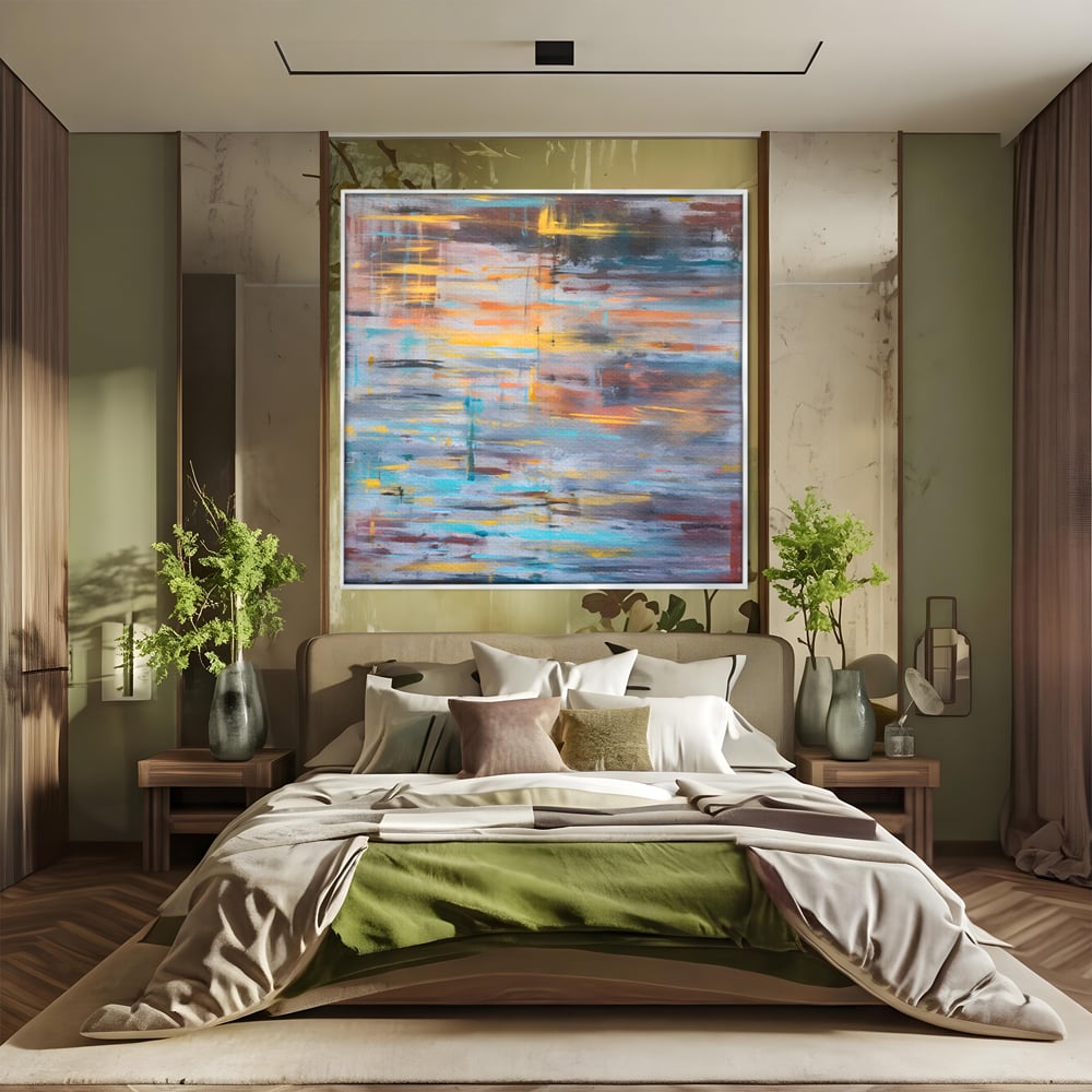 Tablou canvas cu tablou canvas cu reflexii pe apa, in rama de aluminiu argintiu, pe perete intr-un dormitor