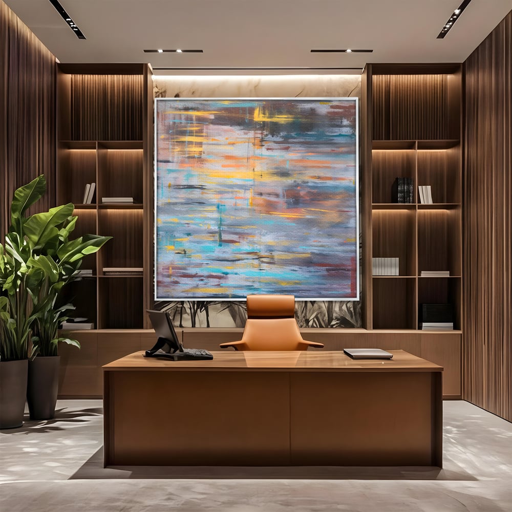 Tablou canvas cu tablou canvas cu reflexii pe apa, in rama de aluminiu argintiu, pe perete intr-un birou