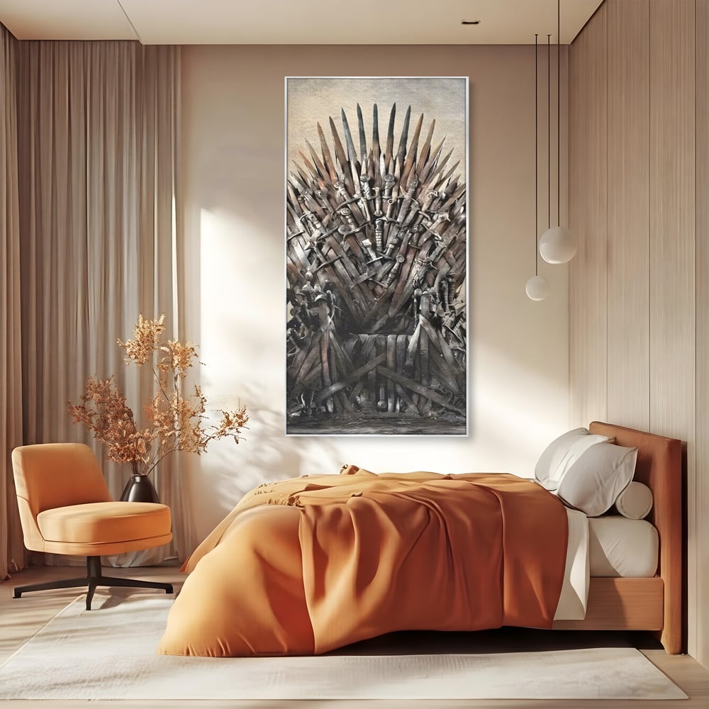 Tablou canvas cu tablou canvas cu tronul din sabii, in rama de aluminiu argintiu, pe perete intr-un dormitor