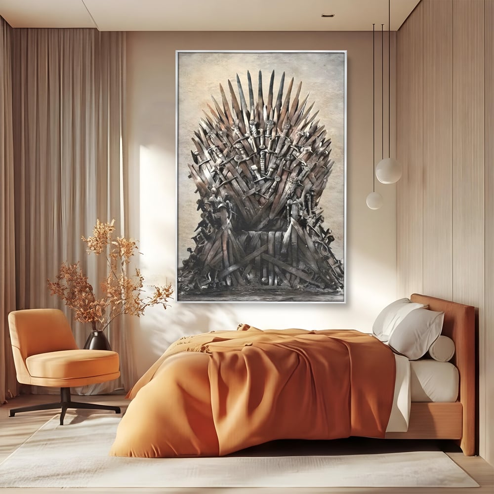 Tablou canvas cu tablou canvas cu tronul din sabii, in rama de aluminiu argintiu, pe perete intr-un dormitor