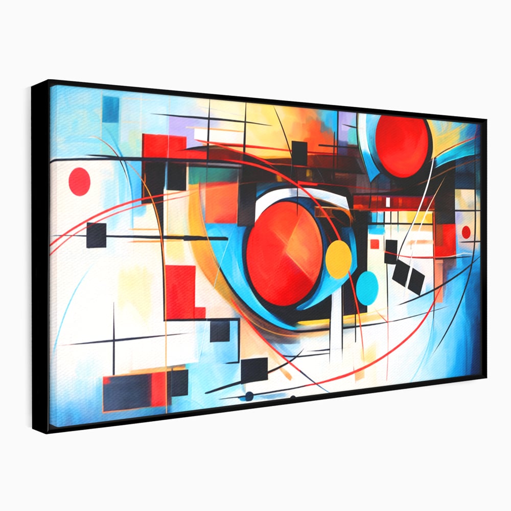 Tablou canvas cu pictura abstracta cu cercuri si linii, in rama de aluminiu negru